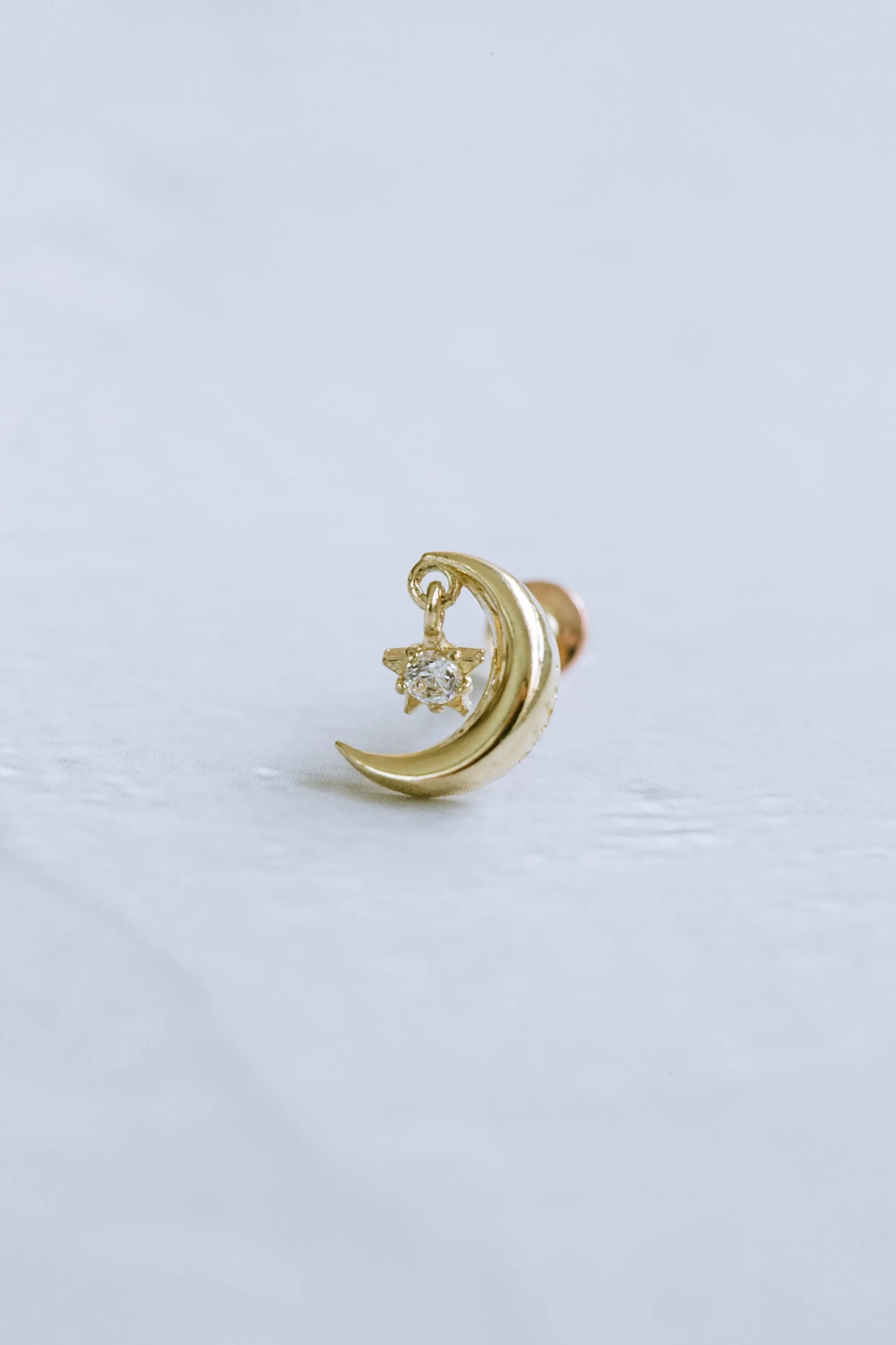 14K Real Gold Delicate Dangle Point Cz Half Crescent Moon Forward Helix Cartilage Tragus Inner Conch Ear Stud Post Internally Threaded Earring Labret Jewelry