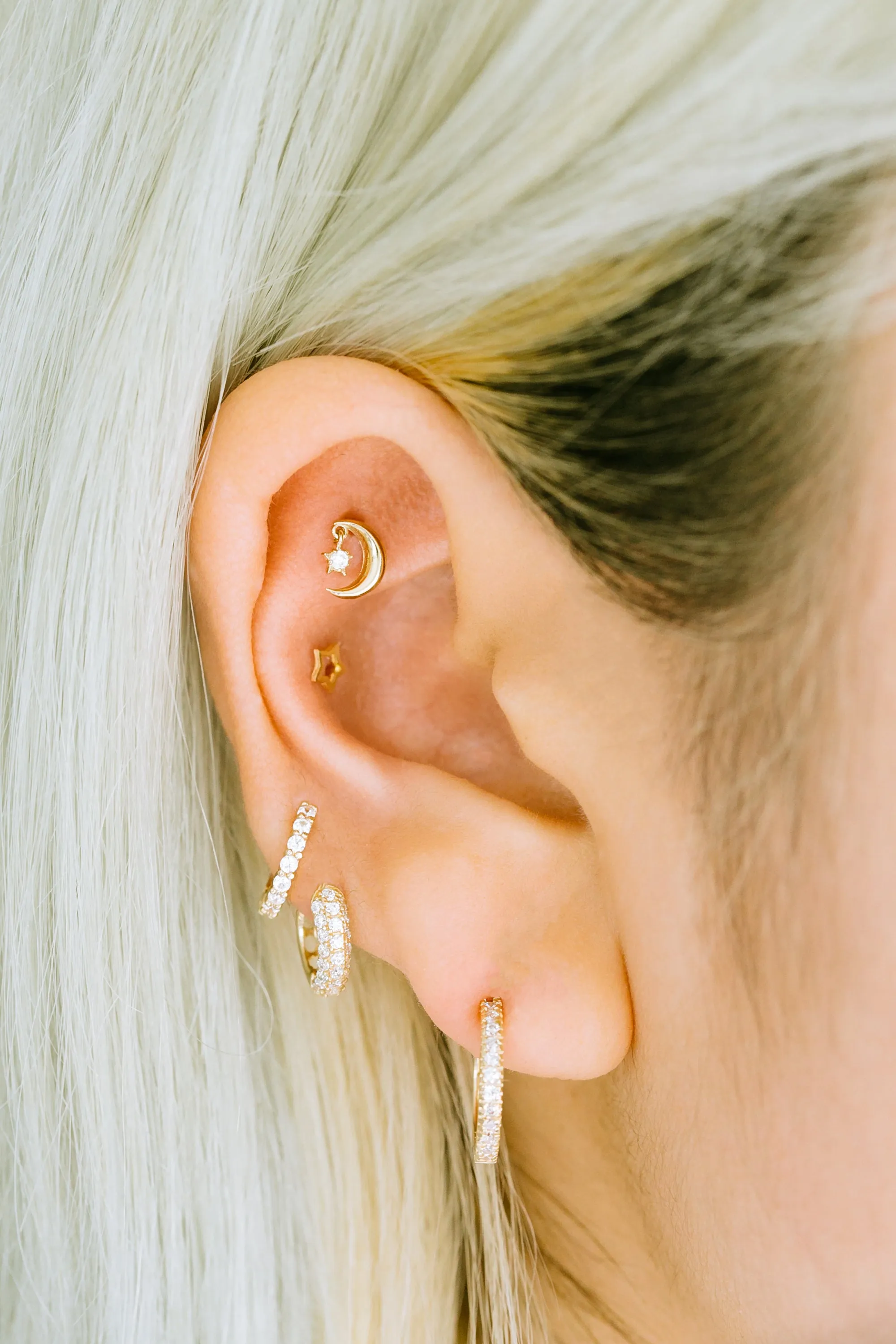 14K Real Gold Delicate Dangle Point Cz Half Crescent Moon Forward Helix Cartilage Tragus Inner Conch Ear Stud Post Internally Threaded Earring Labret Jewelry