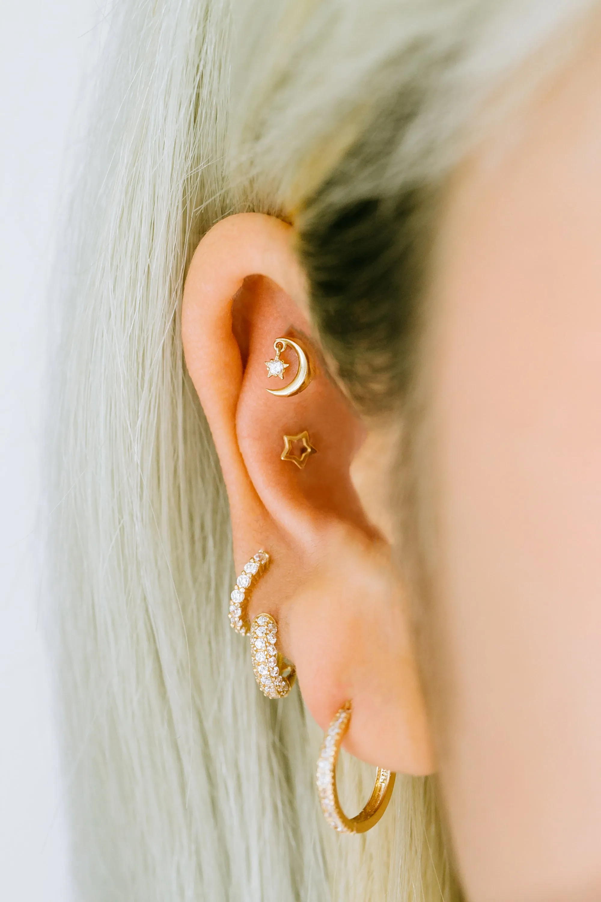 14K Real Gold Delicate Dangle Point Cz Half Crescent Moon Forward Helix Cartilage Tragus Inner Conch Ear Stud Post Internally Threaded Earring Labret Jewelry