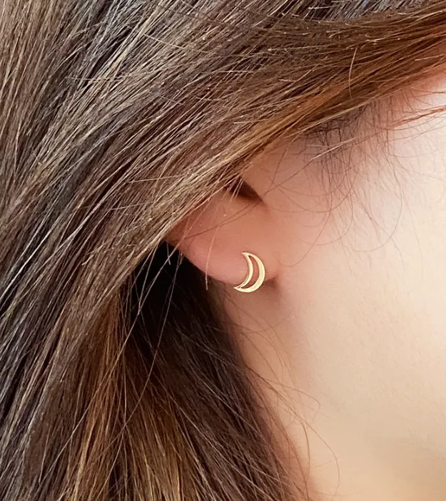 14K Solid Gold Open Crescent Moon Tragus Cartilage Helix Conch Earring Barbell Piercing Stud