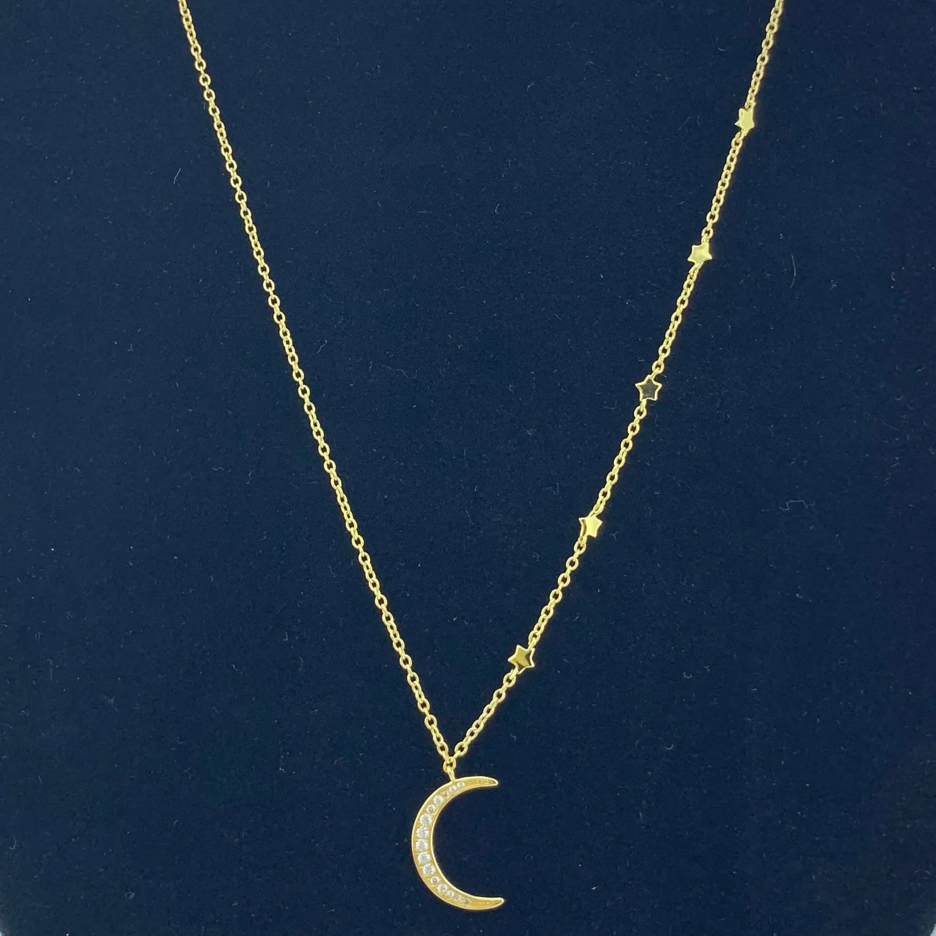 925 Silver CZ Crescent Moon Star Necklace