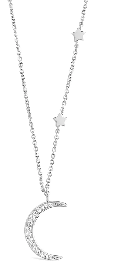 925 Silver CZ Crescent Moon Star Necklace