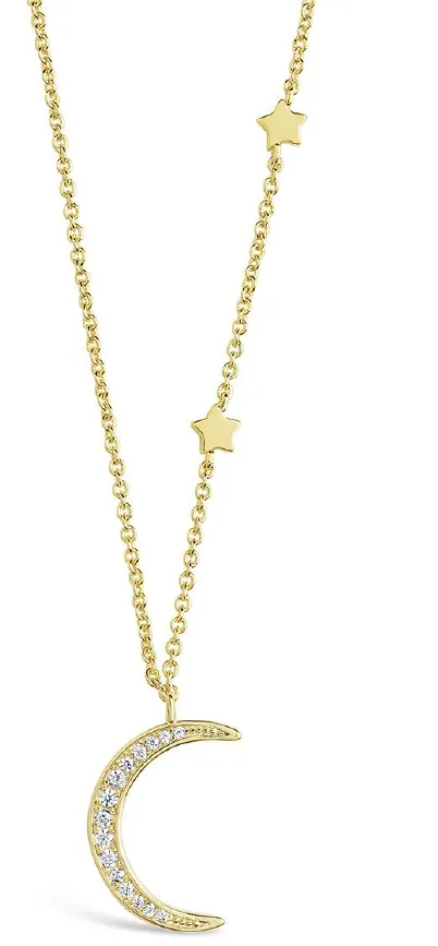 925 Silver CZ Crescent Moon Star Necklace