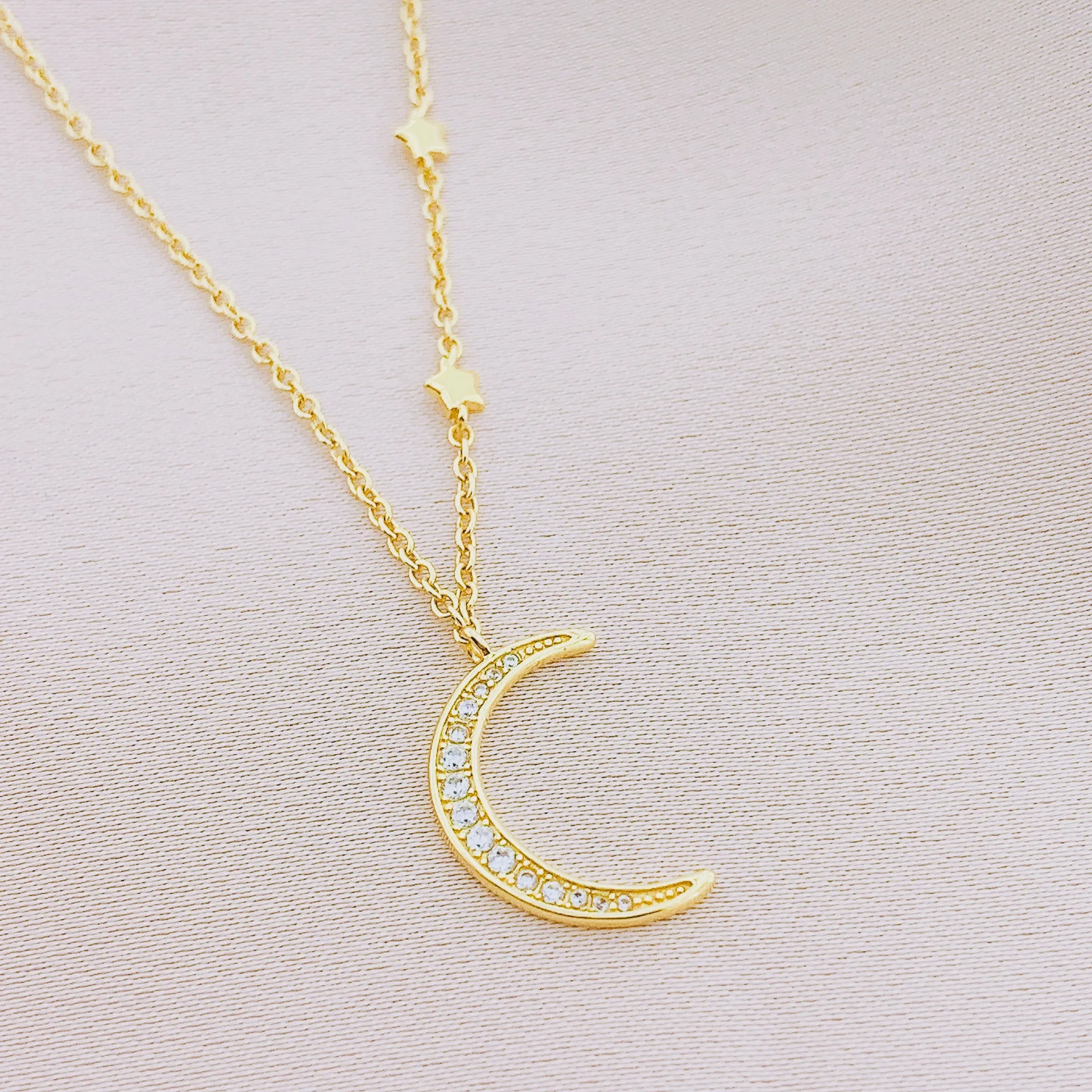 925 Silver CZ Crescent Moon Star Necklace