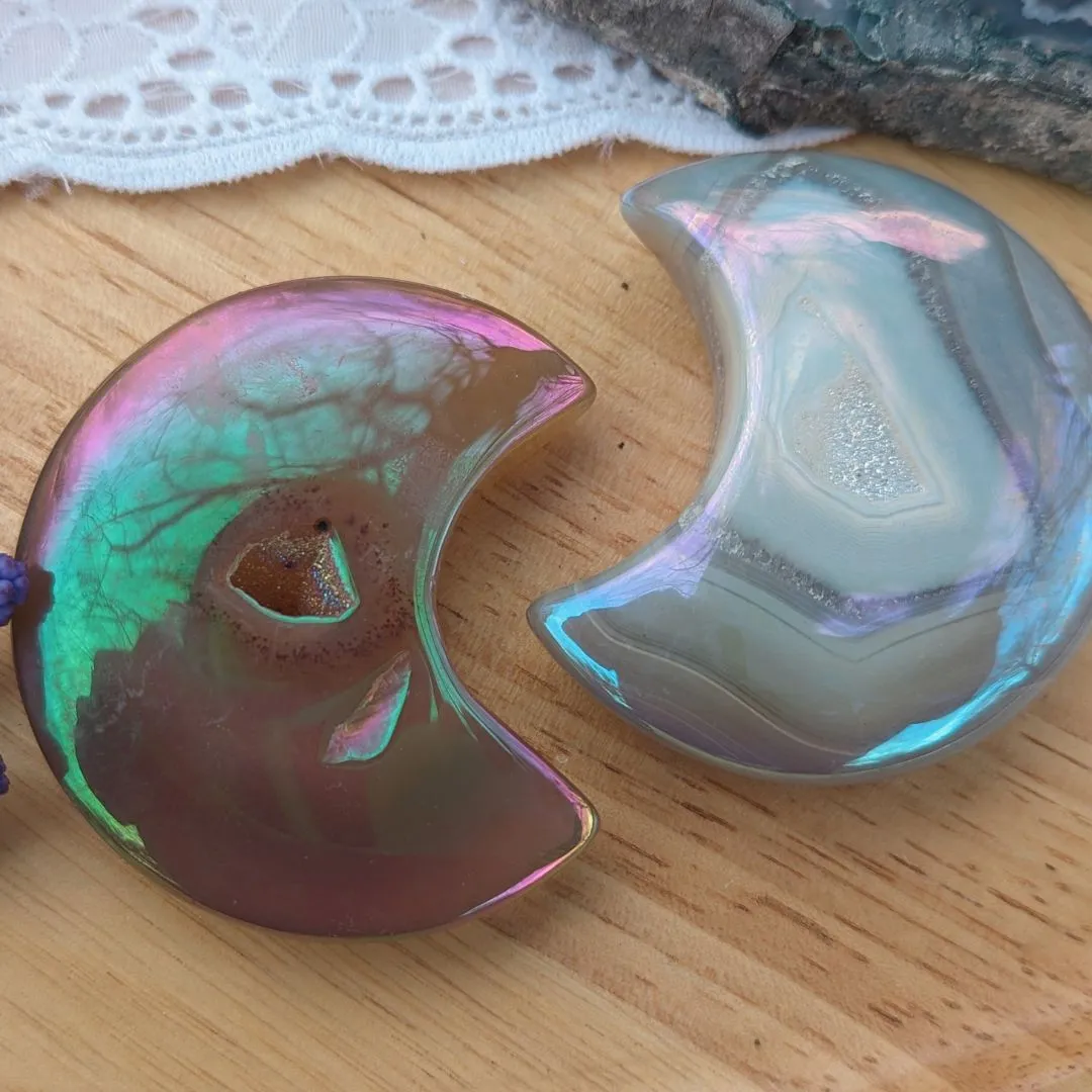 Angel Aura Druzy Agate Crescent Moon Carvings~ Adorable, Uplifting Palm Size Crystal Carvings