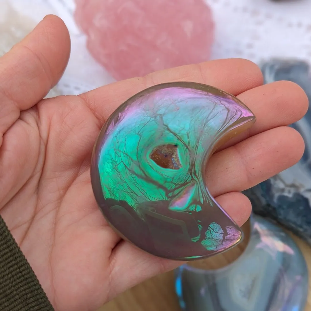 Angel Aura Druzy Agate Crescent Moon Carvings~ Adorable, Uplifting Palm Size Crystal Carvings