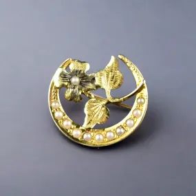 Antique 10K Gold Pearl Crescent Moon Flower Brooch