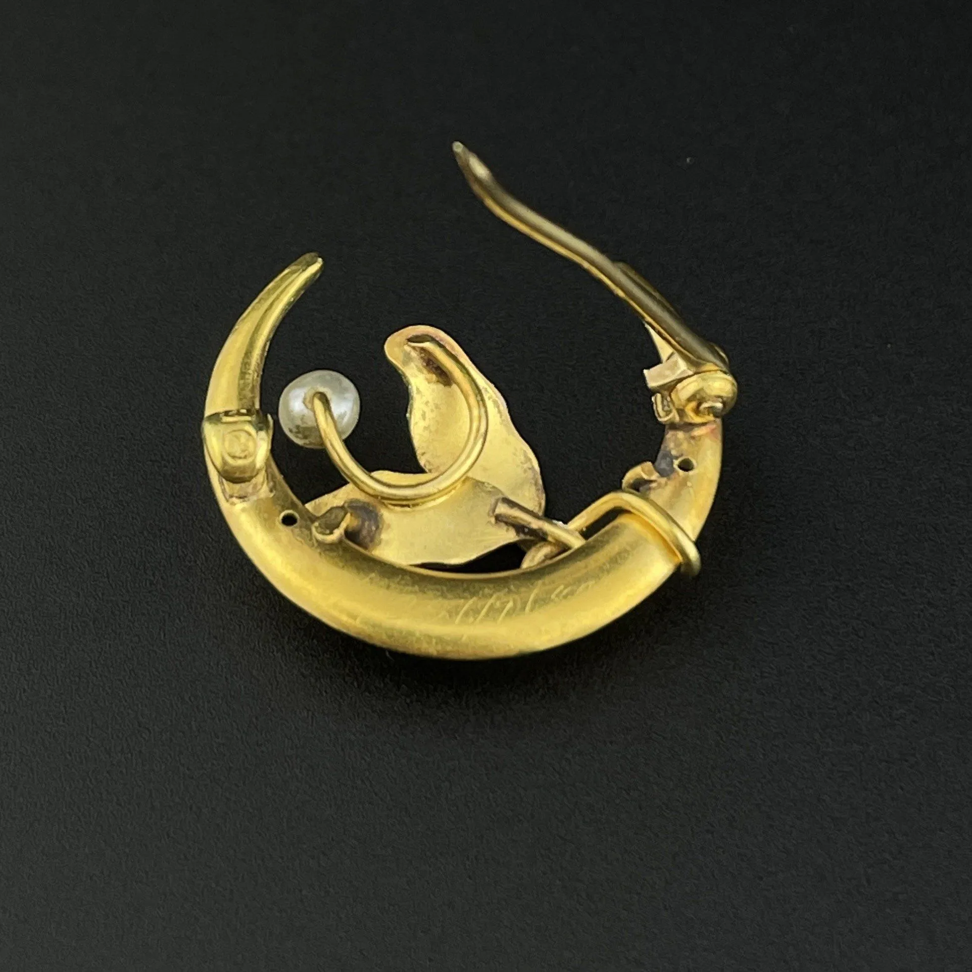 Art Nouveau 14K Gold Crescent Moon Pearl Enamel Brooch