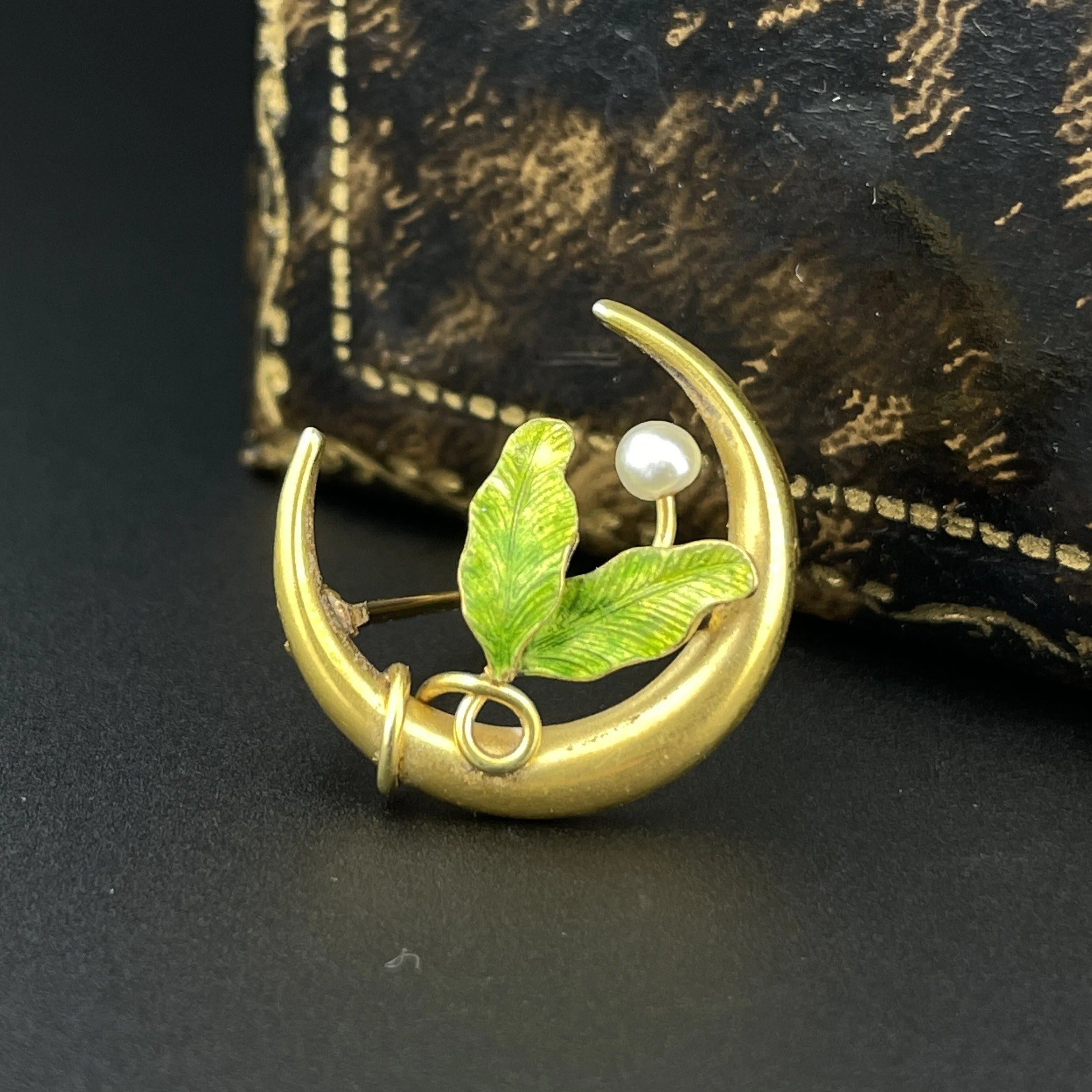 Art Nouveau 14K Gold Crescent Moon Pearl Enamel Brooch