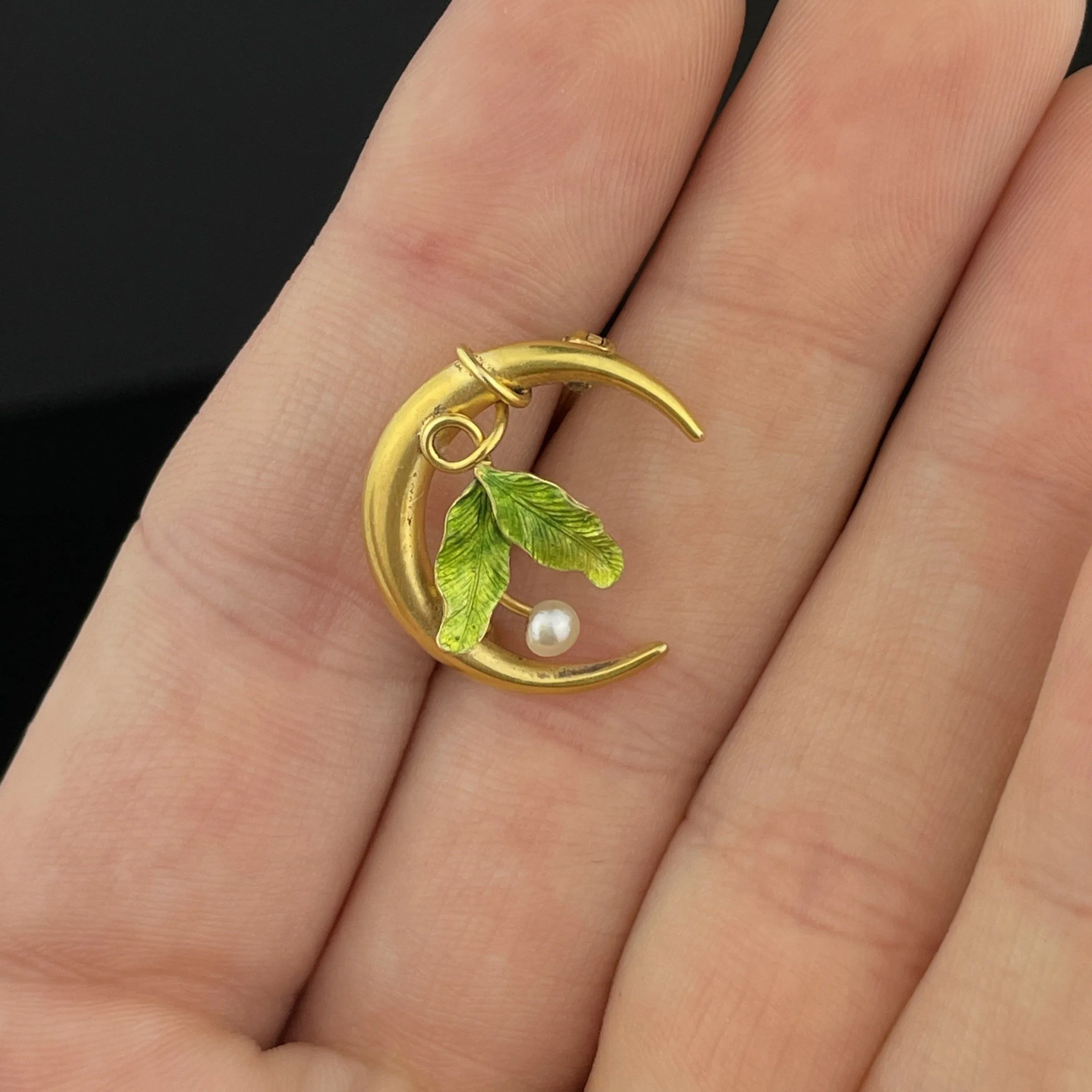 Art Nouveau 14K Gold Crescent Moon Pearl Enamel Brooch