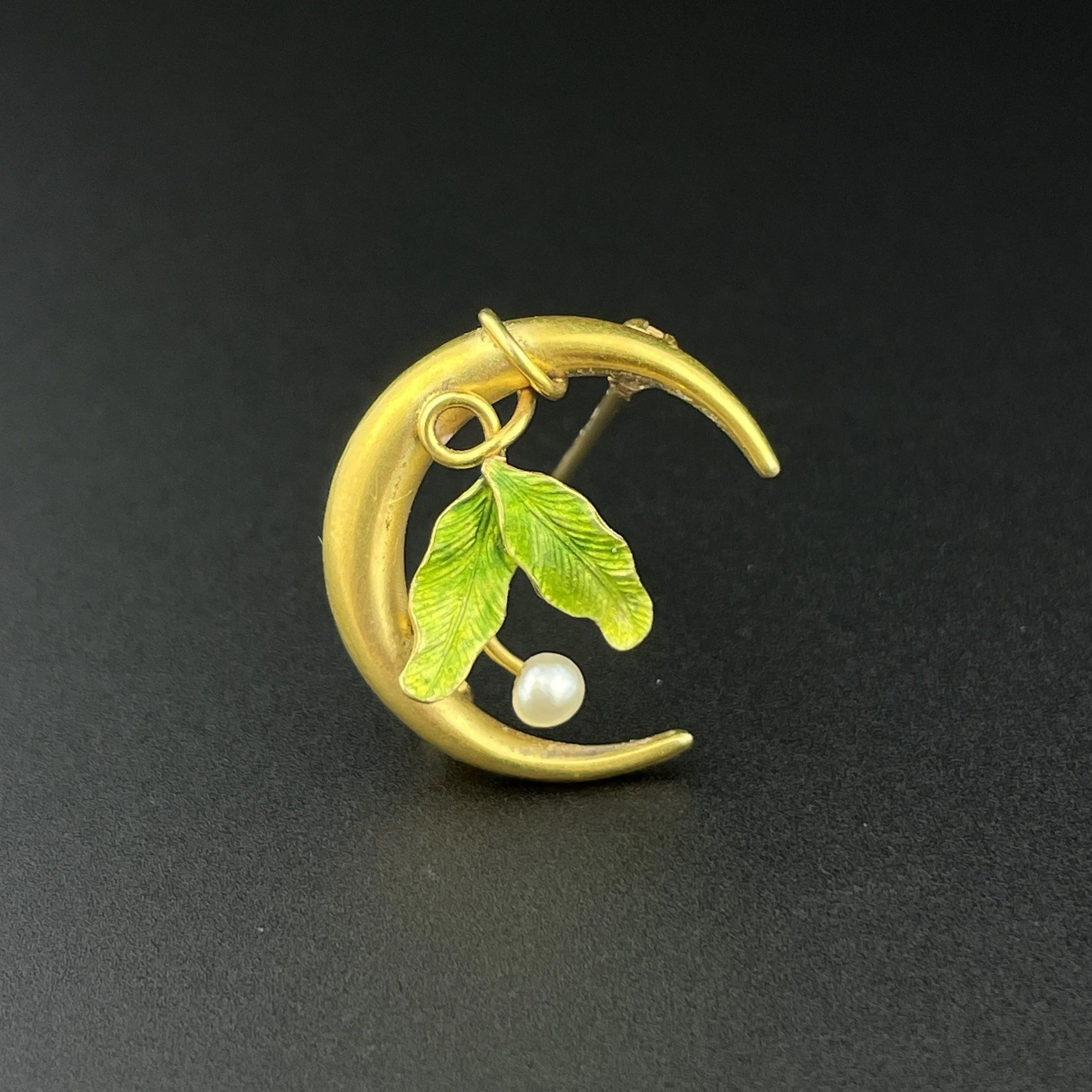 Art Nouveau 14K Gold Crescent Moon Pearl Enamel Brooch