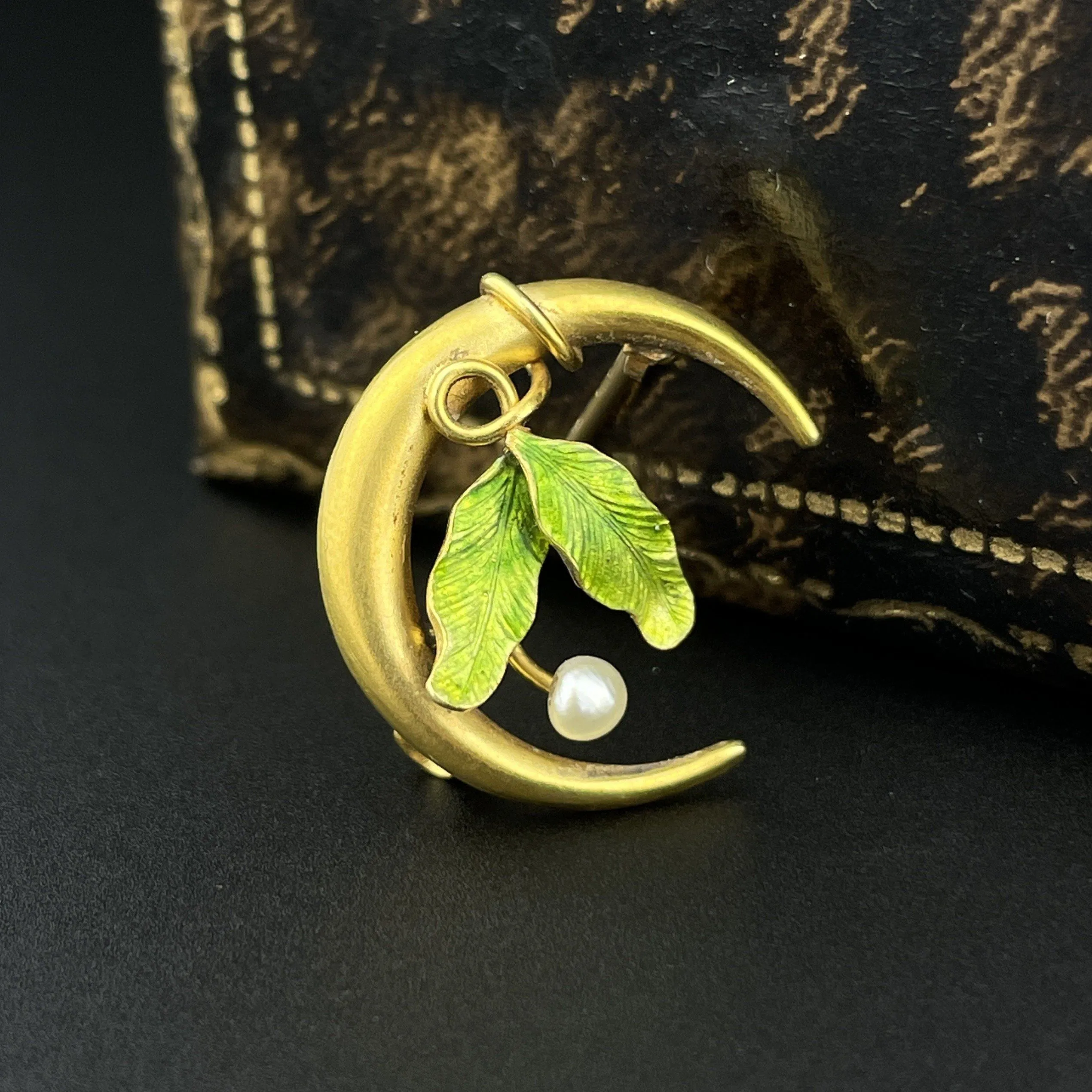 Art Nouveau 14K Gold Crescent Moon Pearl Enamel Brooch