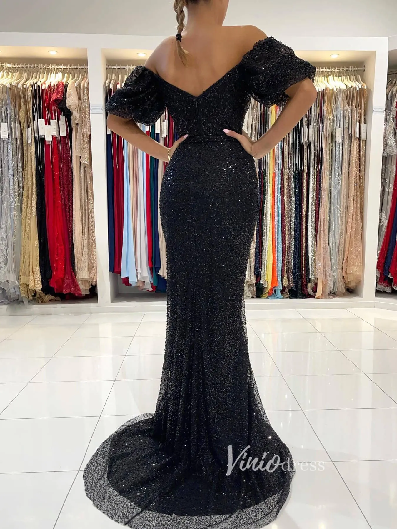 Black Mermaid Sequin Lace Prom Dress Off the Shoulder Evening Gown FD2733