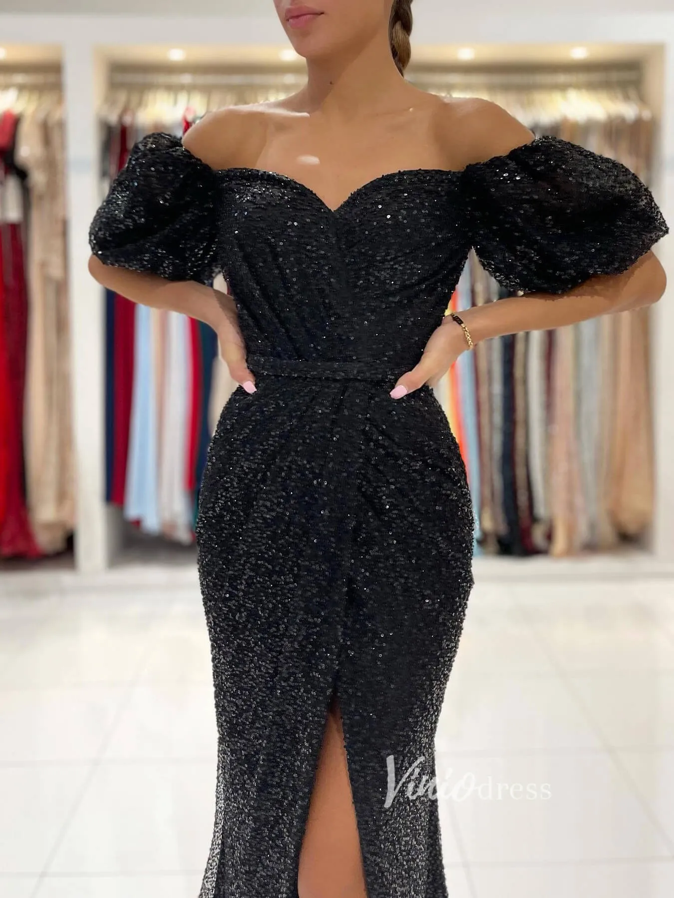 Black Mermaid Sequin Lace Prom Dress Off the Shoulder Evening Gown FD2733