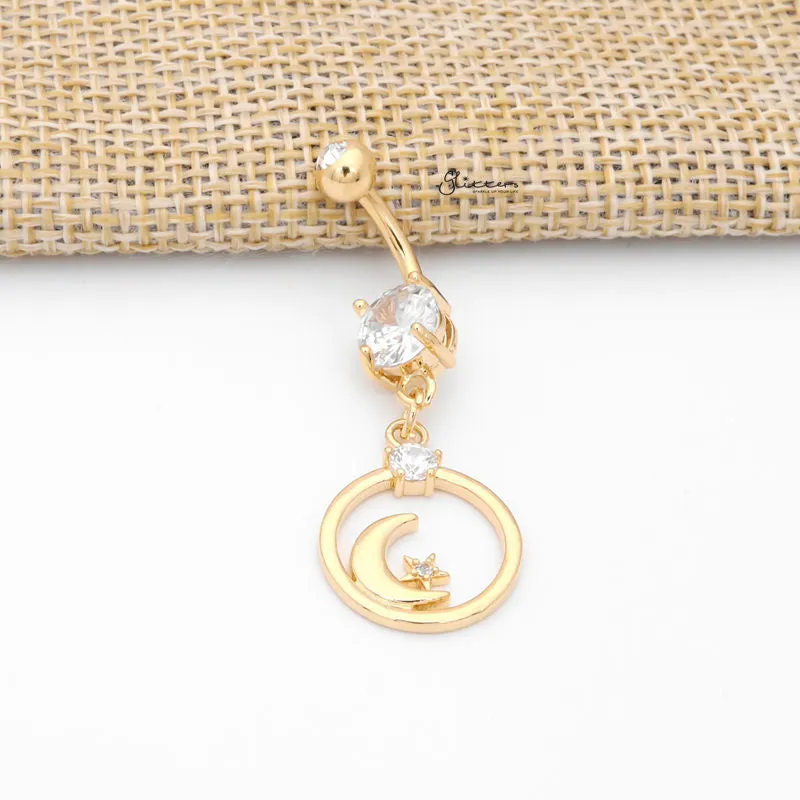 Crescent Moon and CZ Star Dangle Belly Button Ring - Gold