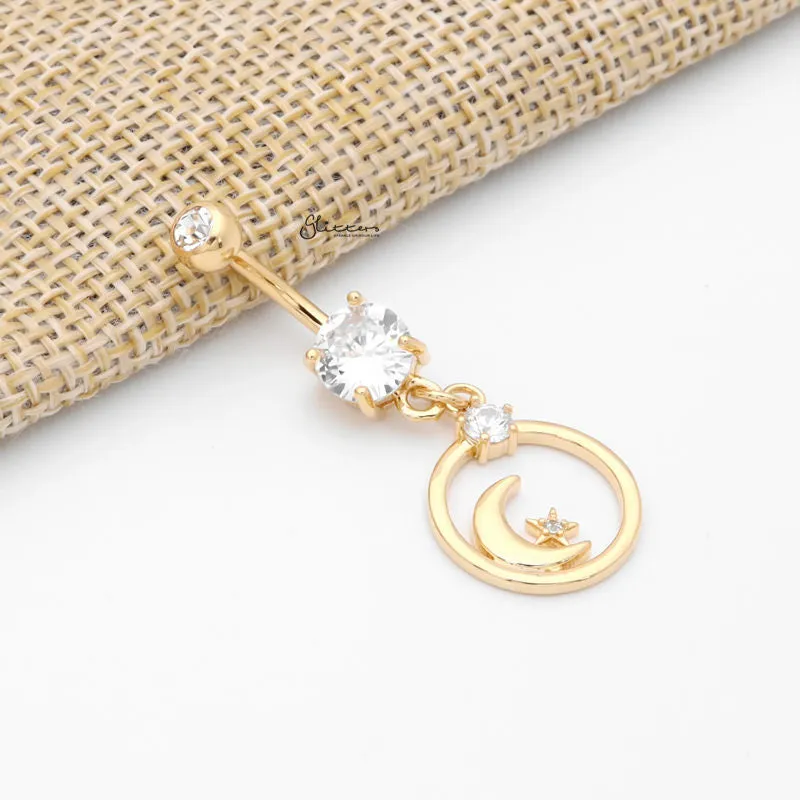 Crescent Moon and CZ Star Dangle Belly Button Ring - Gold