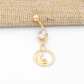 Crescent Moon and CZ Star Dangle Belly Button Ring - Gold