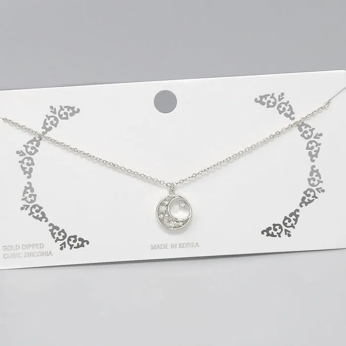 Crescent Moon And Star CZ Pendant Short Chain Necklace