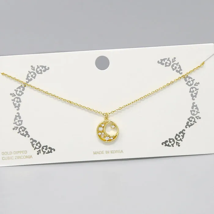 Crescent Moon And Star CZ Pendant Short Chain Necklace