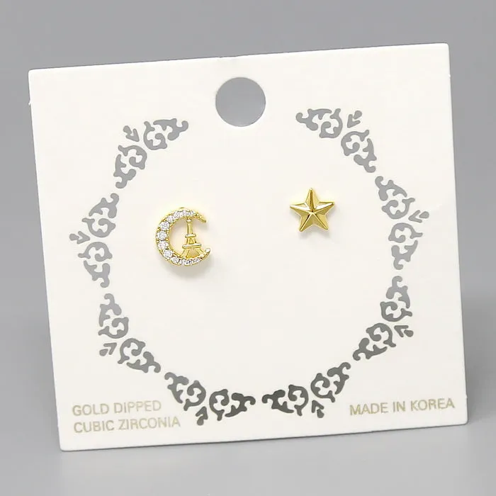 Crescent Moon And Star Gold Dipped Stud Earrings