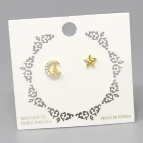 Crescent Moon And Star Gold Dipped Stud Earrings