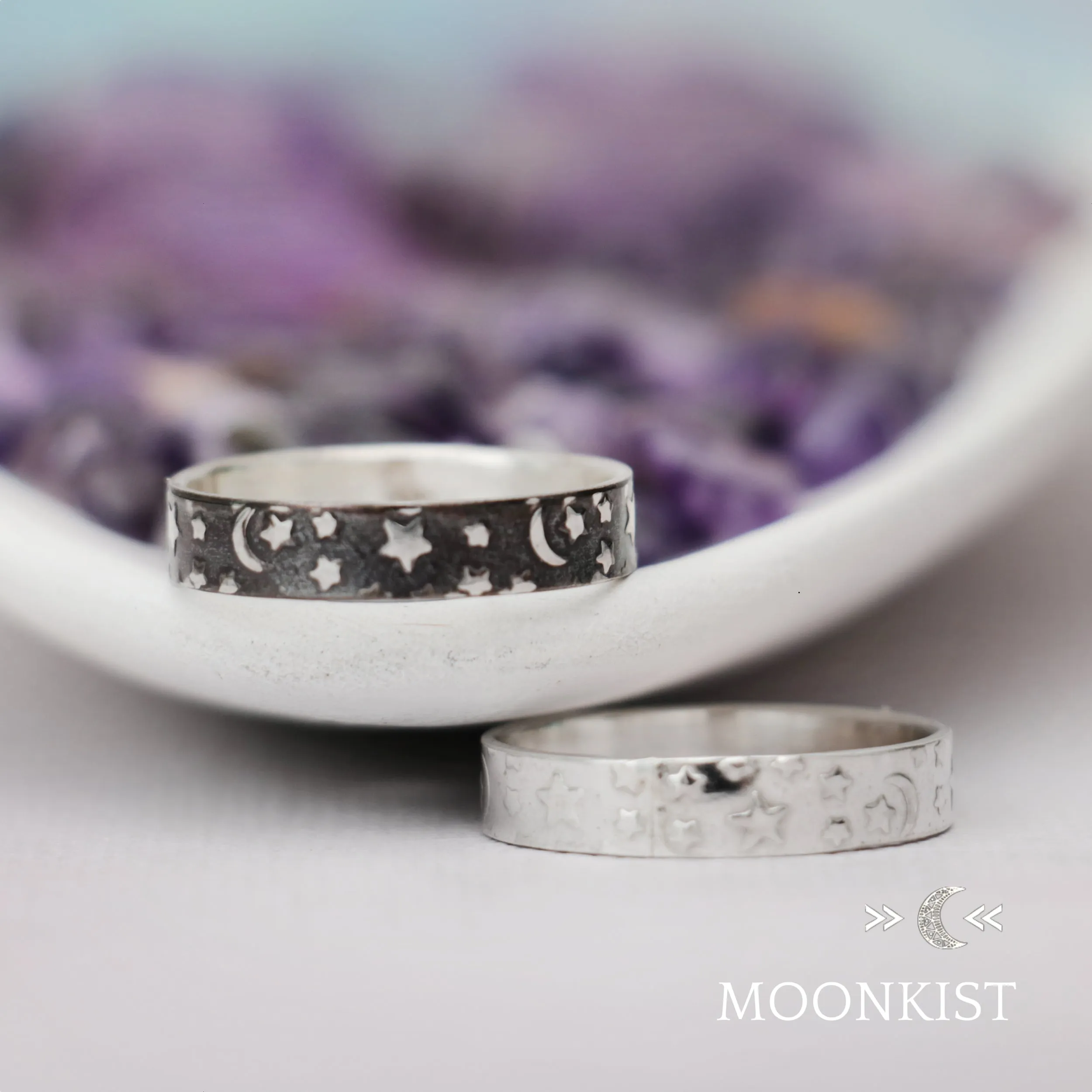 Crescent, Moon, and Stars Narrow Wedding Band  | Moonkist Designs