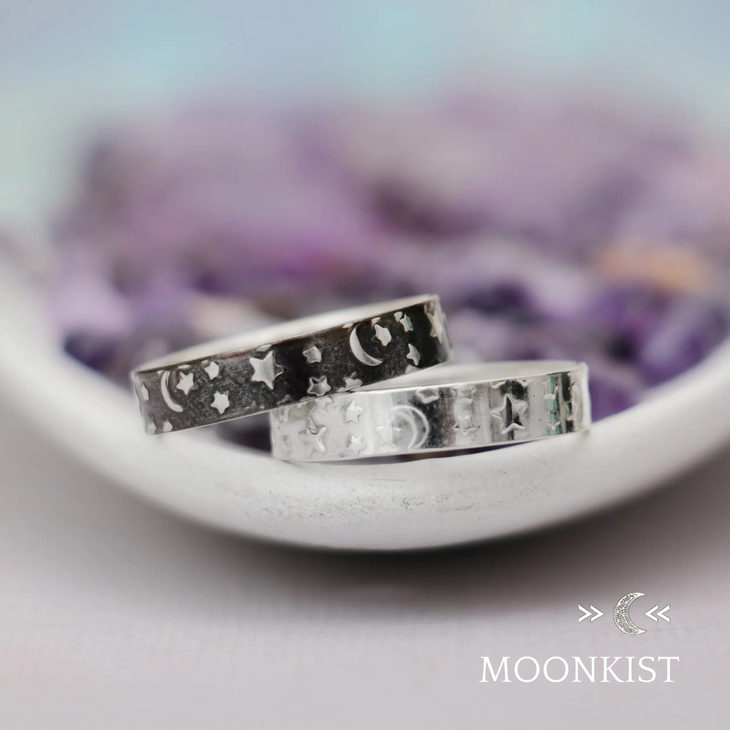 Crescent, Moon, and Stars Narrow Wedding Band  | Moonkist Designs