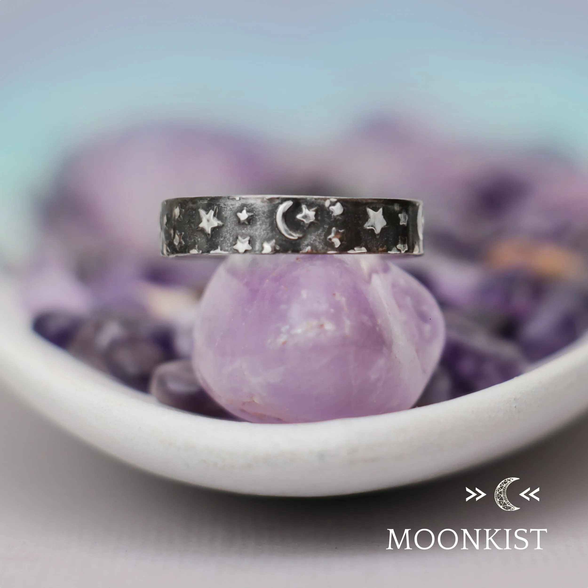 Crescent, Moon, and Stars Narrow Wedding Band  | Moonkist Designs