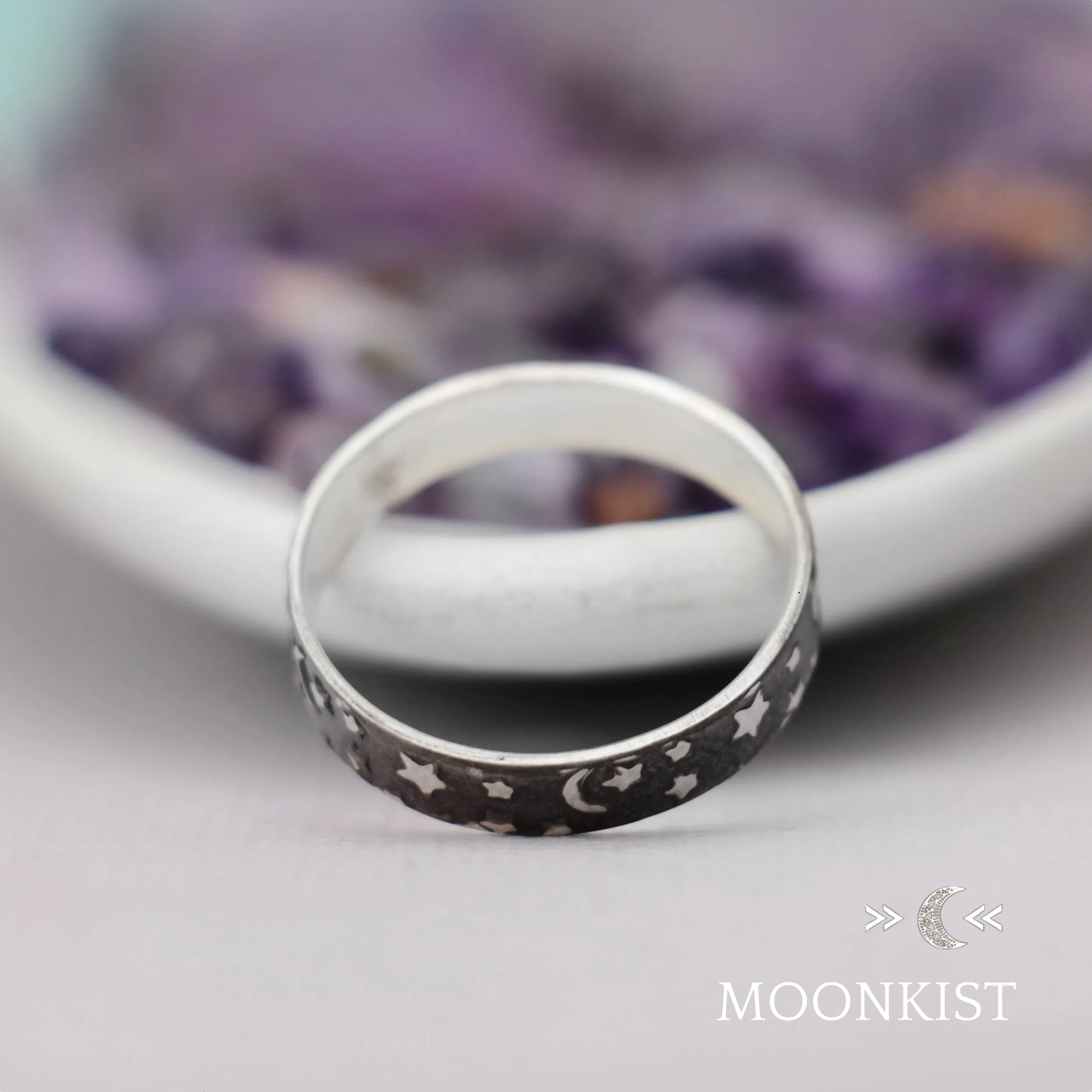 Crescent, Moon, and Stars Narrow Wedding Band  | Moonkist Designs