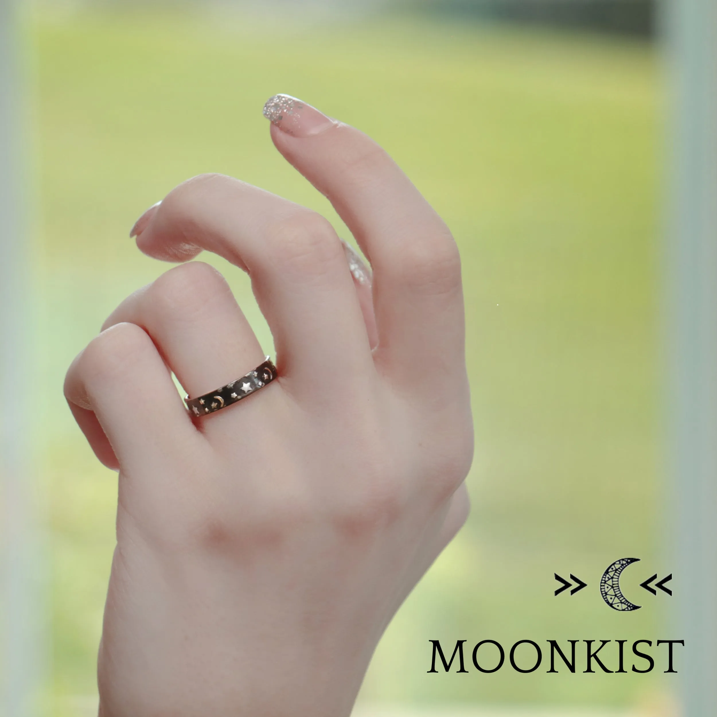 Crescent, Moon, and Stars Narrow Wedding Band  | Moonkist Designs