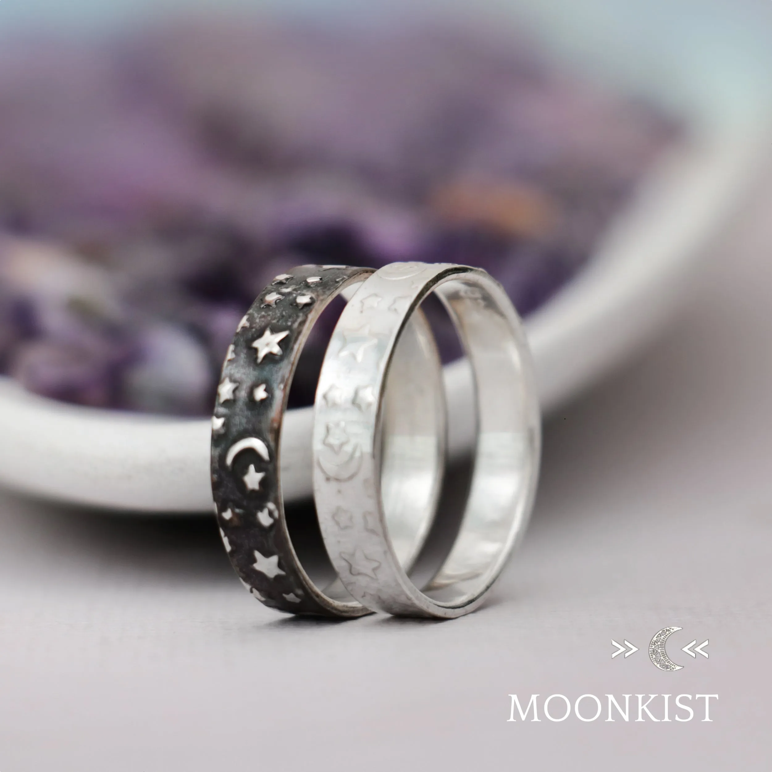 Crescent, Moon, and Stars Narrow Wedding Band  | Moonkist Designs