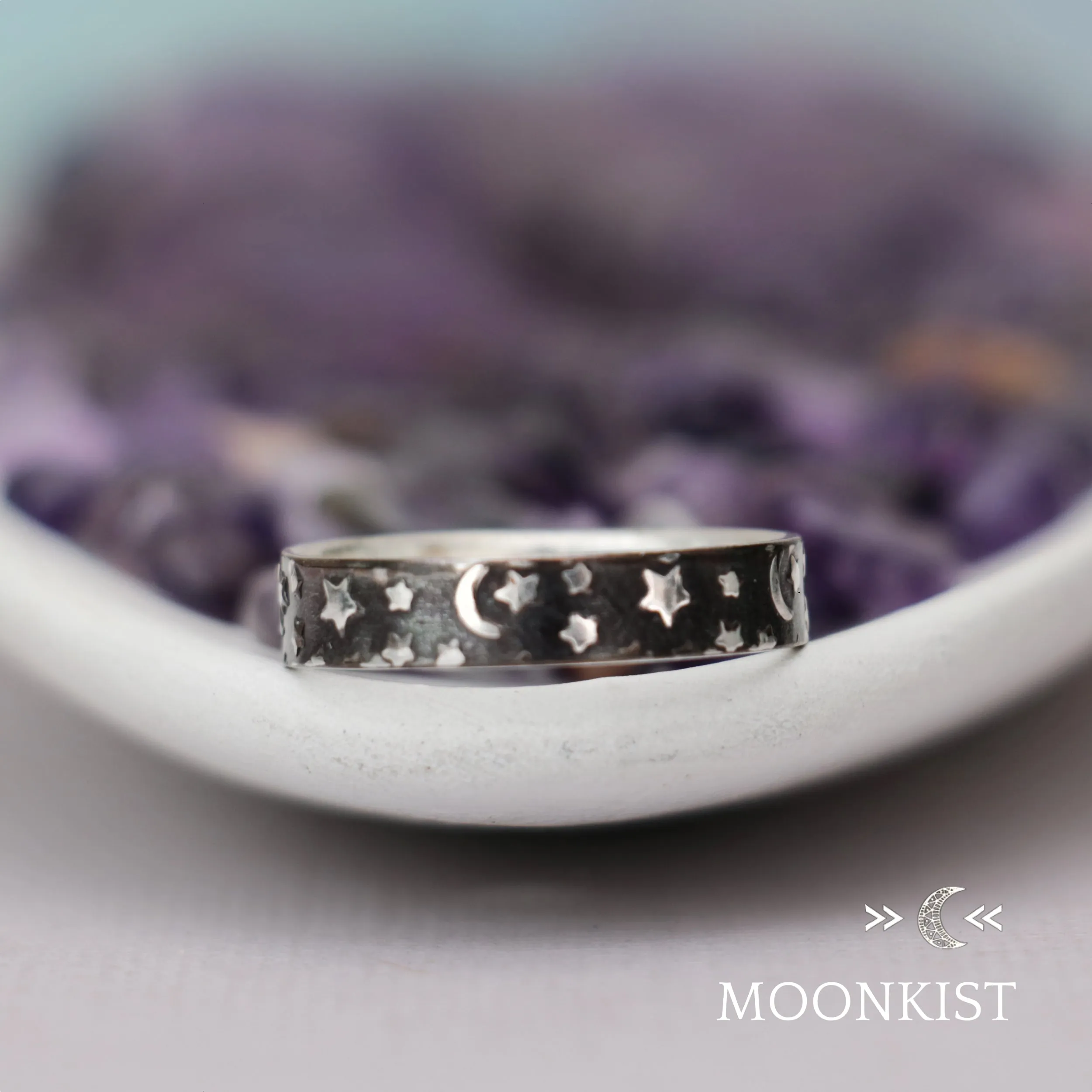 Crescent, Moon, and Stars Narrow Wedding Band  | Moonkist Designs