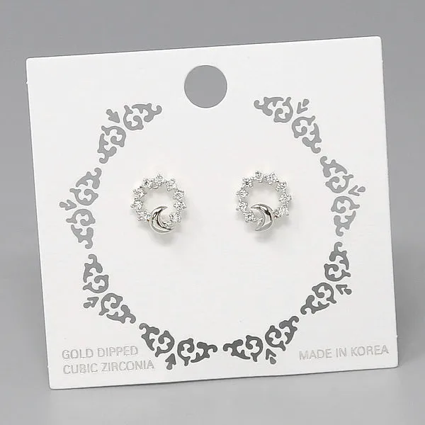 Crescent Moon Circle CZ Pave Stud Earrings