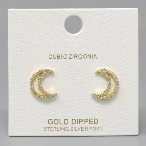 Crescent Moon CZ Pave Gold Dipped Stud Earrings