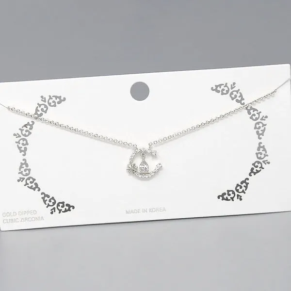 Crescent Moon CZ Pave Pendant Short Chain Necklace