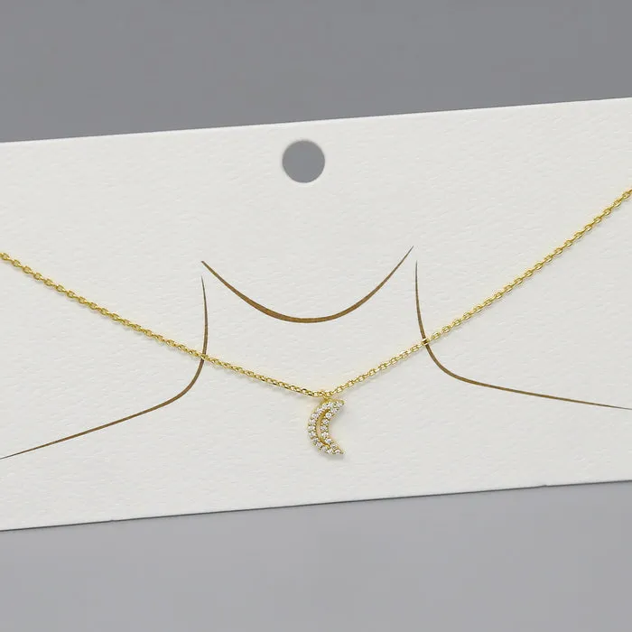 Crescent Moon CZ Pave Pendant Short Chain Necklace