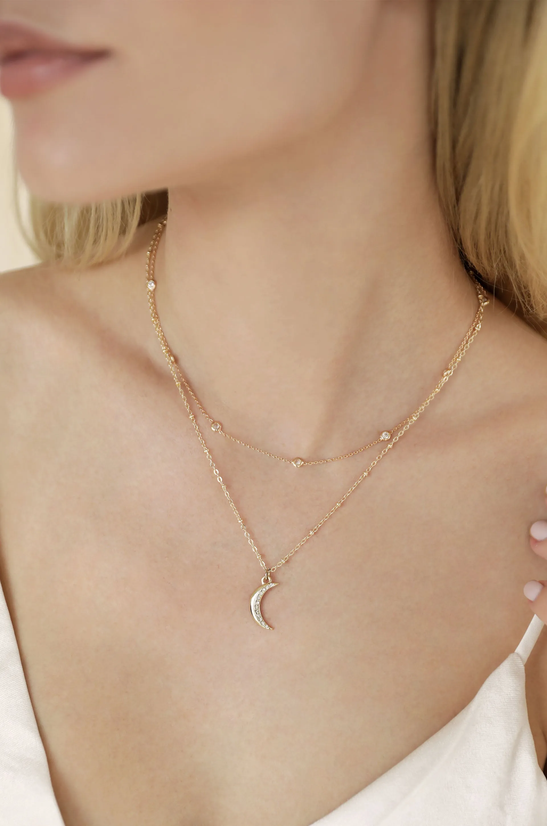 Crescent Moon Layered 18k Gold Plated Pendant Necklace