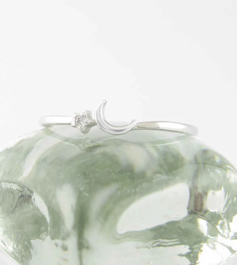 Dainty Crescent Moon With CZ Star Ring