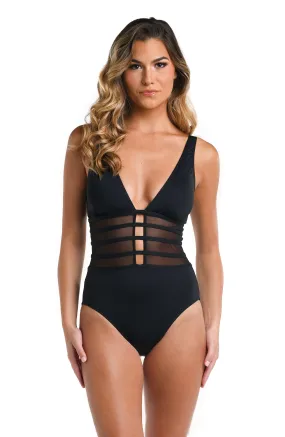 Island Goddess Over the Shoulder Mesh One Piece - Black