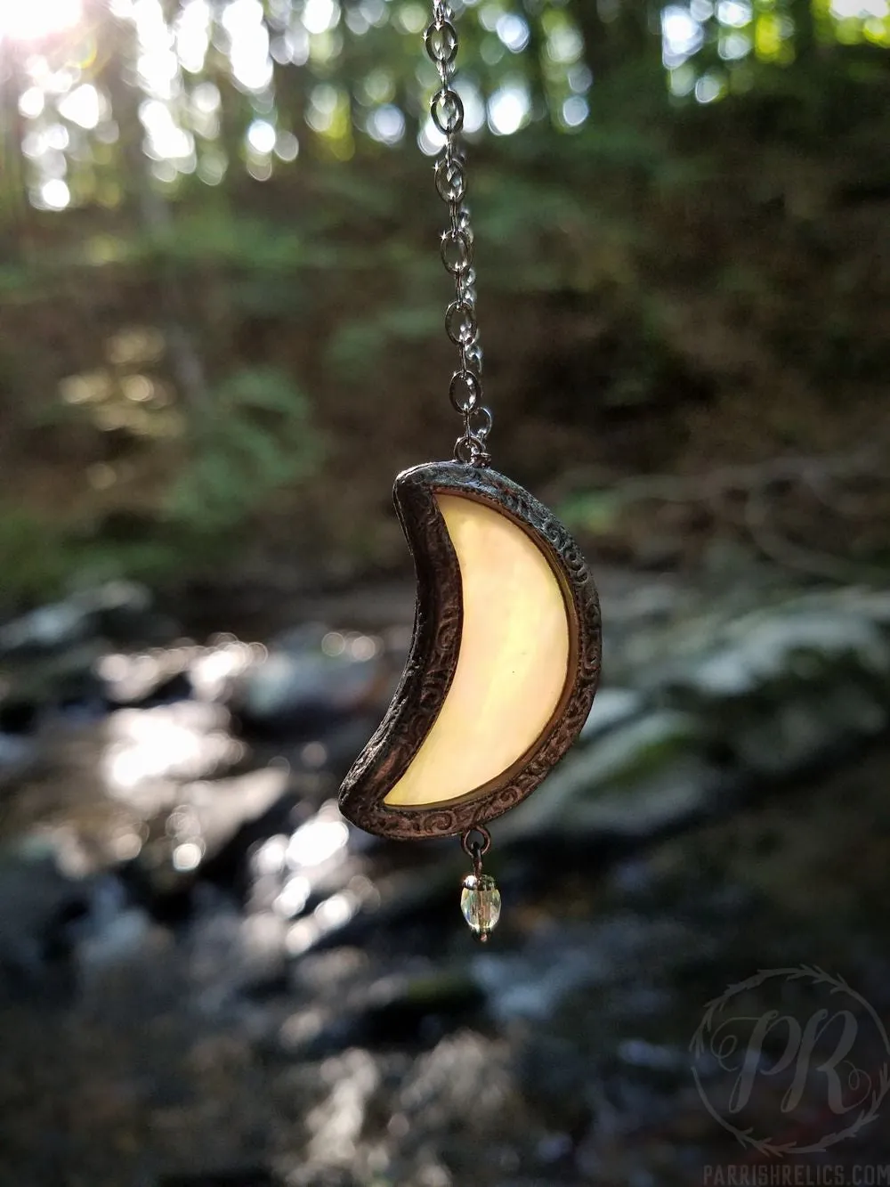 Luna: Waxing Crescent ~ Iridescent Stained Glass Amulet