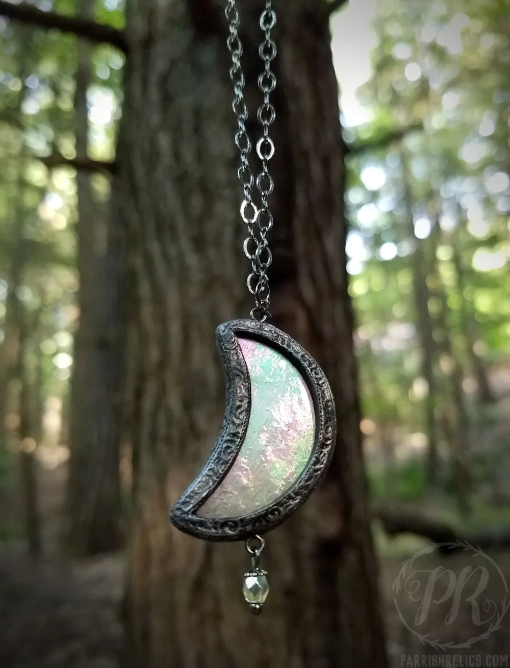 Luna: Waxing Crescent ~ Iridescent Stained Glass Amulet