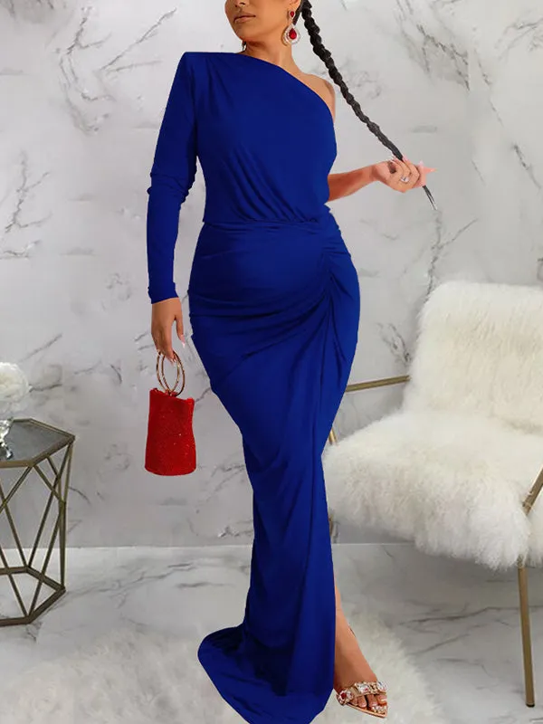 Momnfancy Side Slit Single Sleeve Belly Friendly Oblique Shoulder Ruched Babyshower Maternity Maxi Dress