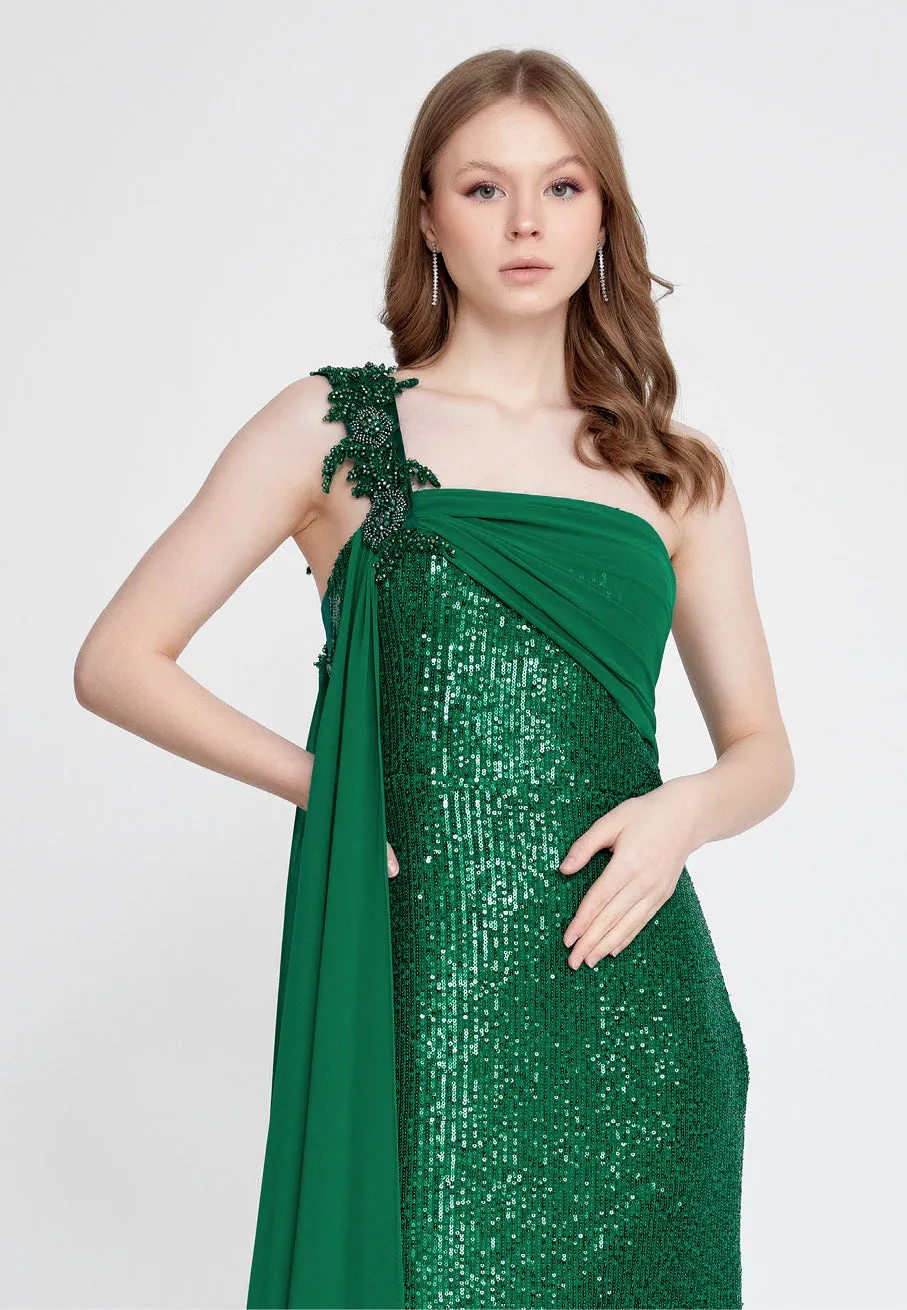 One-shoulder Sequin Gown with Long Chiffon Shoulder - Emerald