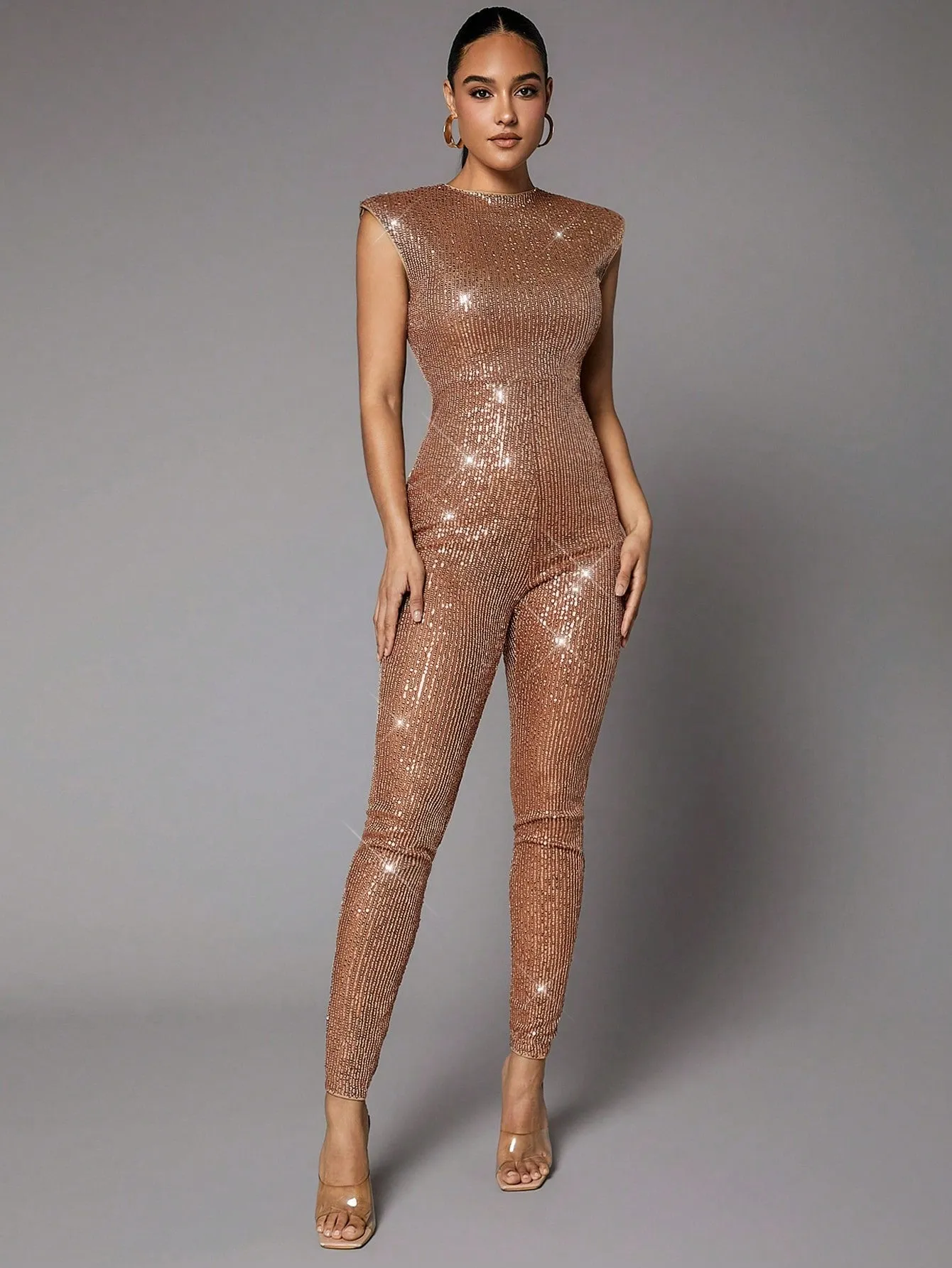 Puffed Shoulder Sequin Jumpsuit