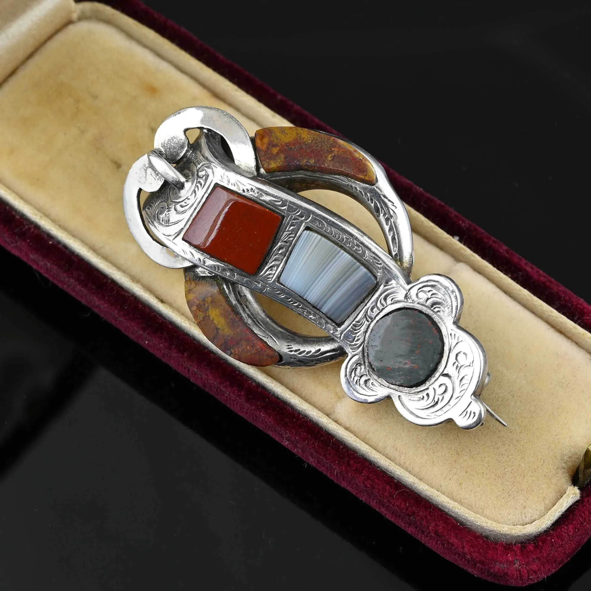 Scottish Agate Crescent Moon Buckle Brooch