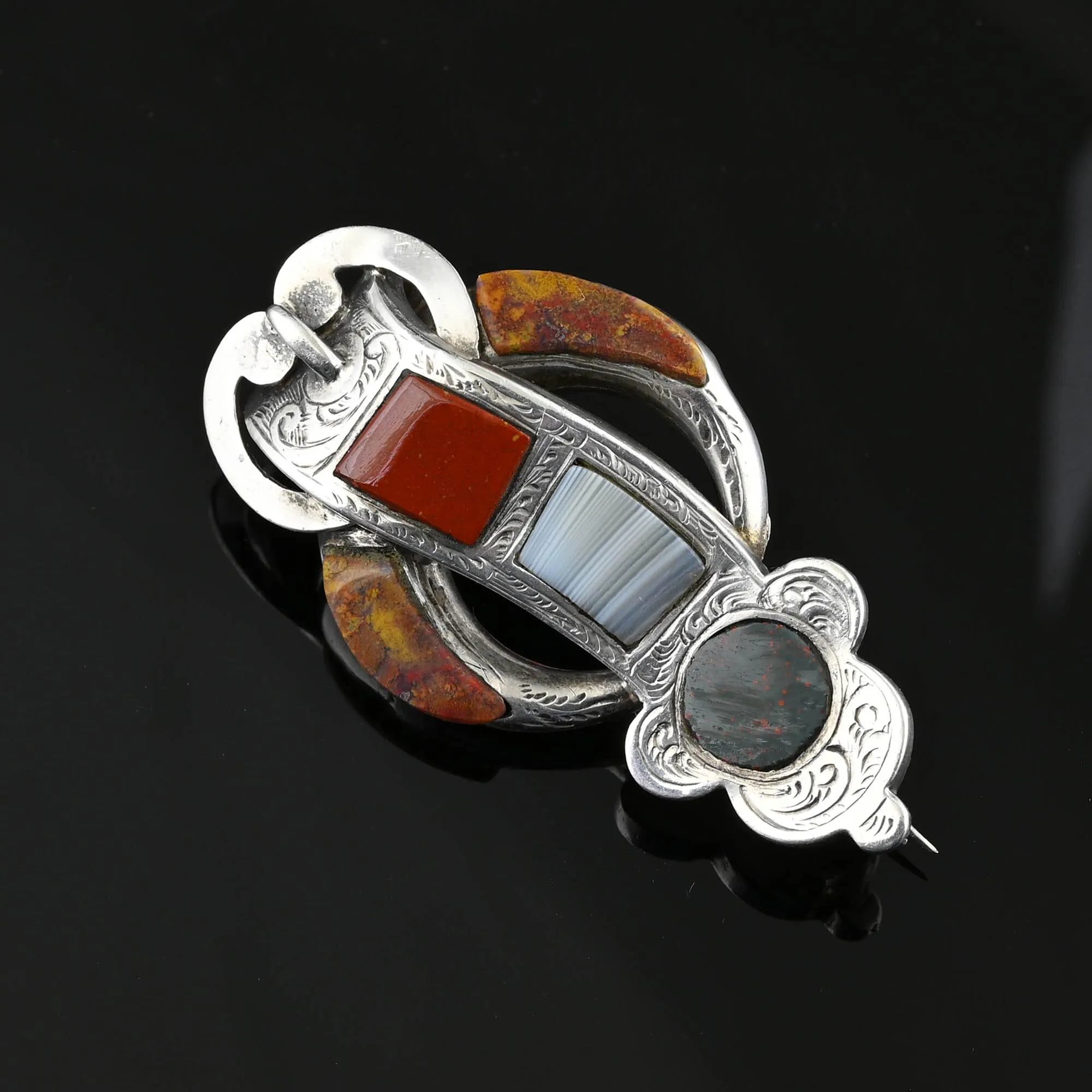 Scottish Agate Crescent Moon Buckle Brooch