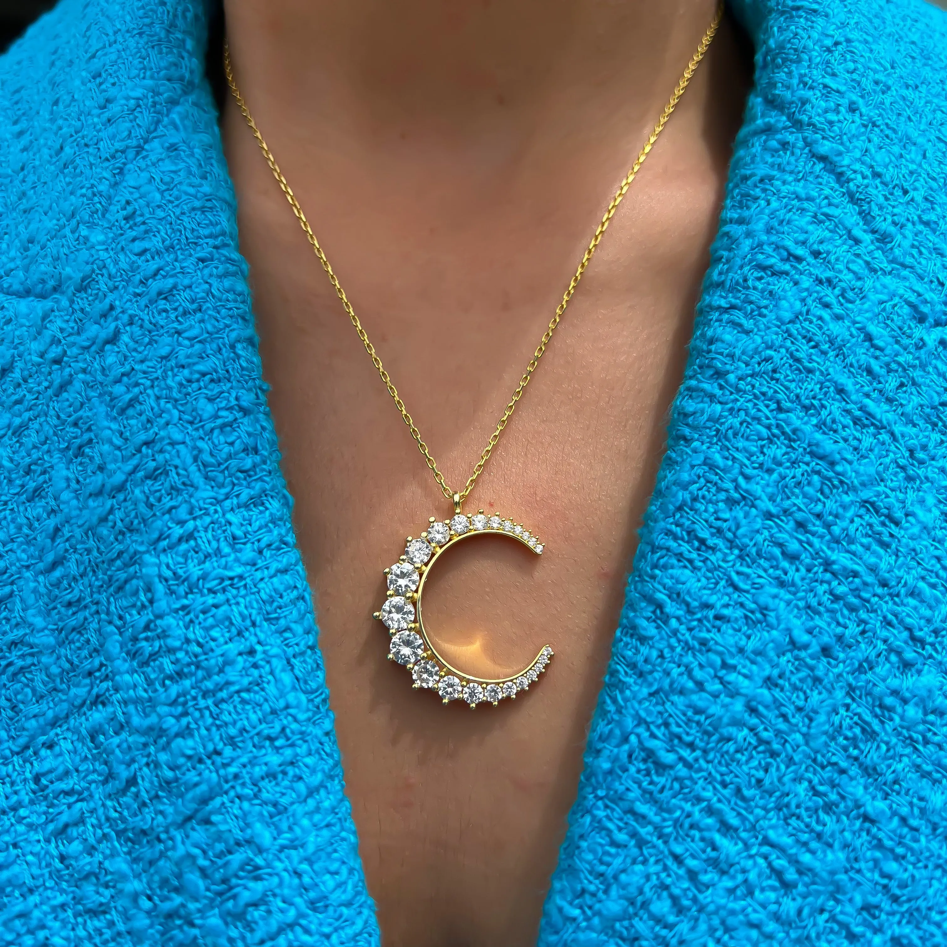 Silver gold plated clear pave crescent moon necklace