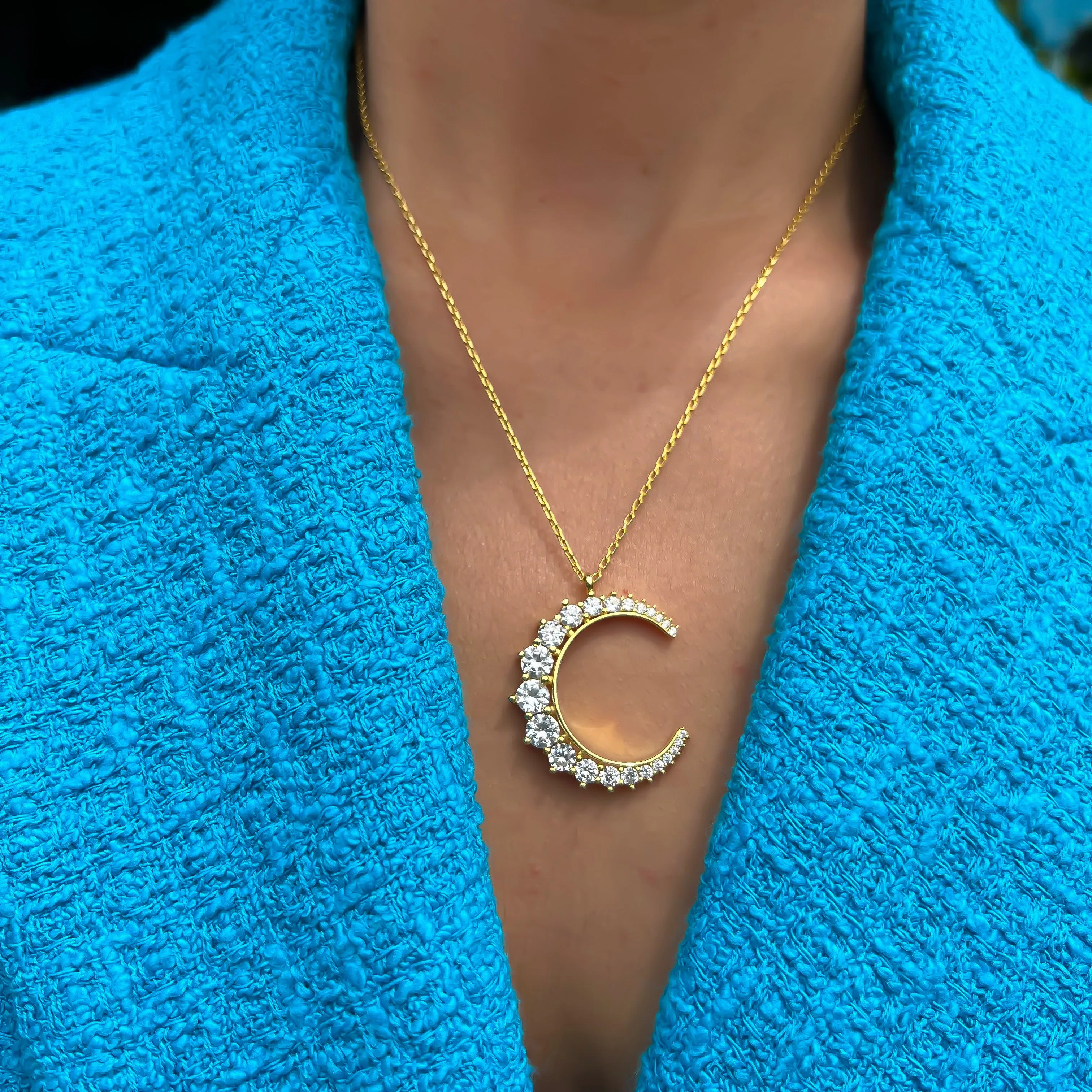 Silver gold plated clear pave crescent moon necklace