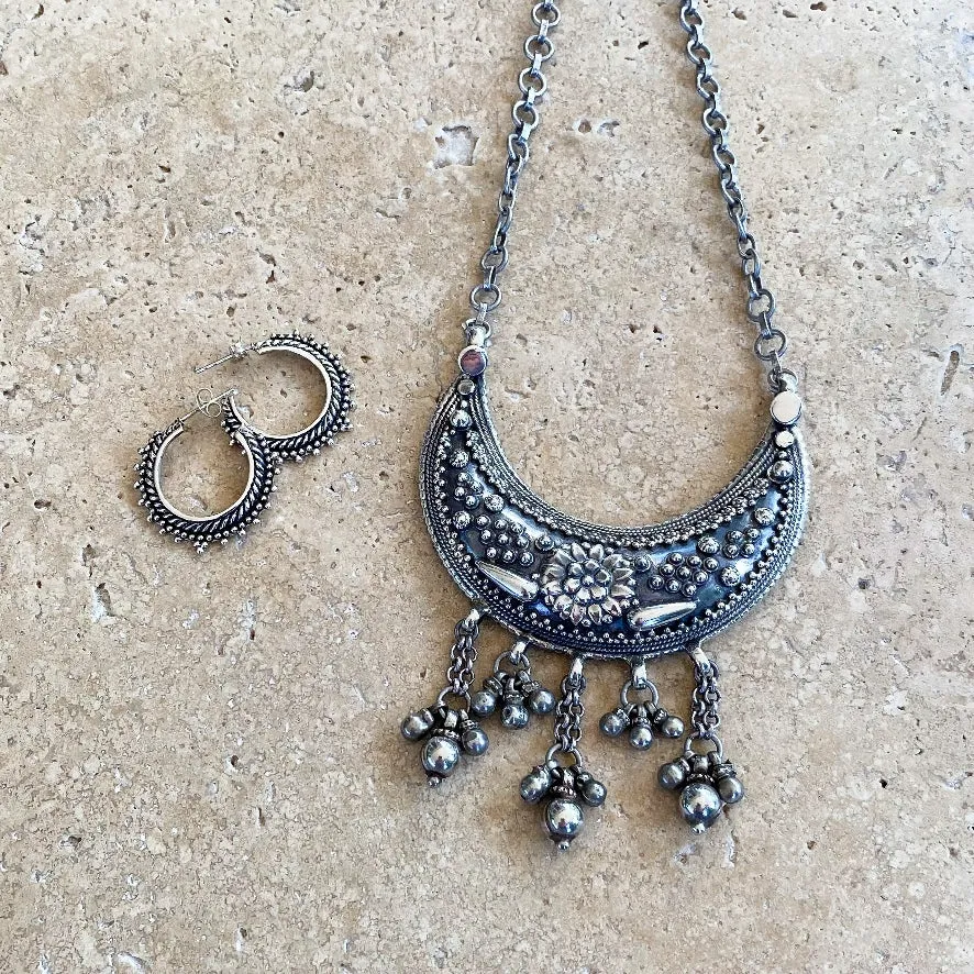 Silver Oxidised Crescent Necklace