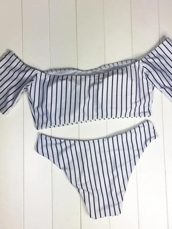 So Cool Off The Shoulder Striped Bikini Set